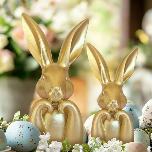 Easter Decorations for Home,Mini Resin Golden Bunnies Spring Sculpture Tabletop Ornament,Brass Rabbit Decor for Spring Home Decor, Vintage Resin Bunnies for Table Centerpieces Mantel Decorations in Kuwait