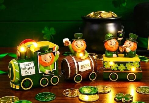 Valery Madelyn St Patricks Day Decorations for Home, Lighted LED Train Leprechaun Decorations with Shamrock Pot of Gold Guiness Beer, Irish Resin St Patty Day Tiered Tray Decoration Table Centerpiece in Saudi Arabia