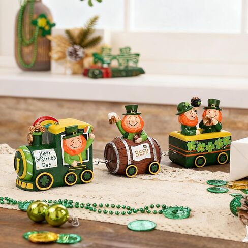 Valery Madelyn St Patricks Day Decorations for Home, Lighted LED Train Leprechaun Decorations with Shamrock Pot of Gold Guiness Beer, Irish Resin St Patty Day Tiered Tray Decoration Table Centerpiece in Saudi Arabia