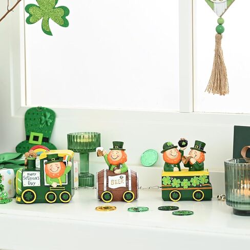 Valery Madelyn St Patricks Day Decorations for Home, Lighted LED Train Leprechaun Decorations with Shamrock Pot of Gold Guiness Beer, Irish Resin St Patty Day Tiered Tray Decoration Table Centerpiece in Saudi Arabia
