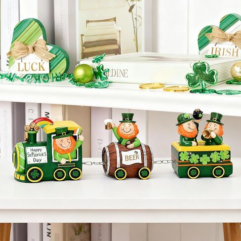 Valery Madelyn St Patricks Day Decorations for Home, Lighted LED Train Leprechaun Decorations with Shamrock Pot of Gold Guiness Beer, Irish Resin St Patty Day Tiered Tray Decoration Table Centerpiece in Saudi Arabia