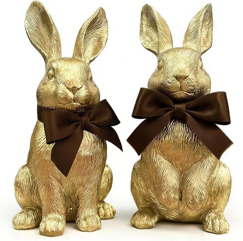 Gold Bunny Easter Decor Set of 2 – Elegant Easter Bunny Figurines with Textured Fur Detail, Resin Gold Rabbit Figurines for Easter Home Decor, Tabletop & Shelf Display in Kuwait