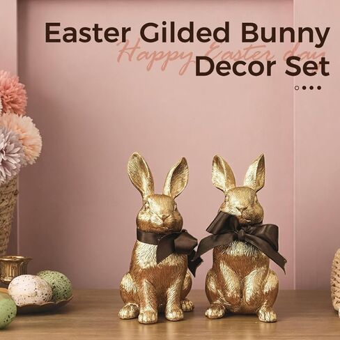 Gold Bunny Easter Decor Set of 2 – Elegant Easter Bunny Figurines with Textured Fur Detail, Resin Gold Rabbit Figurines for Easter Home Decor, Tabletop & Shelf Display in Kuwait