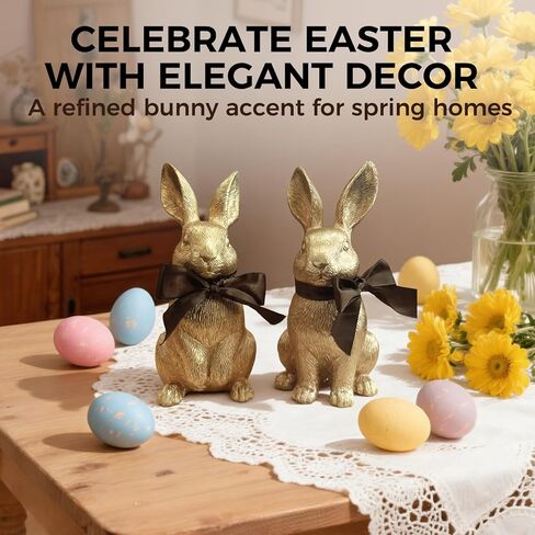 Gold Bunny Easter Decor Set of 2 – Elegant Easter Bunny Figurines with Textured Fur Detail, Resin Gold Rabbit Figurines for Easter Home Decor, Tabletop & Shelf Display in Kuwait