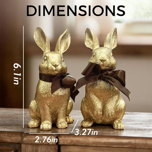 Gold Bunny Easter Decor Set of 2 – Elegant Easter Bunny Figurines with Textured Fur Detail, Resin Gold Rabbit Figurines for Easter Home Decor, Tabletop & Shelf Display in Kuwait