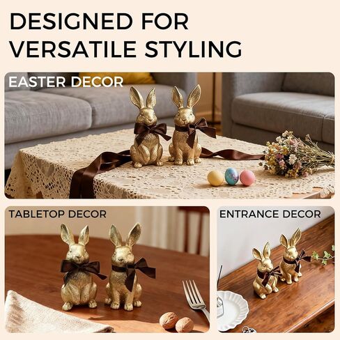 Gold Bunny Easter Decor Set of 2 – Elegant Easter Bunny Figurines with Textured Fur Detail, Resin Gold Rabbit Figurines for Easter Home Decor, Tabletop & Shelf Display in Kuwait
