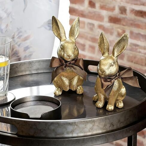 Gold Bunny Easter Decor Set of 2 – Elegant Easter Bunny Figurines with Textured Fur Detail, Resin Gold Rabbit Figurines for Easter Home Decor, Tabletop & Shelf Display in Kuwait