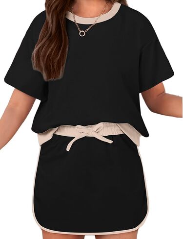 ملابس صيفية للفتيات من Arshiner مكونة من قطعتين، قميص وتنورة بأكمام قصيرة وأكتاف منسدلة مع شورت مدمج، أطقم رياضية in Kuwait