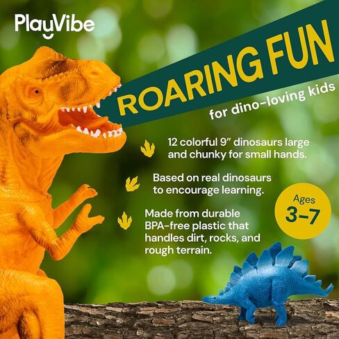 PLAYVIBE Dinosaur Toys - 12 Realistic 7-Inch Models, Multi-Color, Metal Storage Box - Dinosaur Figures & Action Figures for Kids Ages 3-7 - with Metal Storage Box - for Boys & Girls in Kuwait