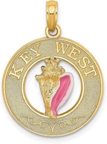 14k Yellow Gold Key West Pendant with Pink Enamel Conch Shell Design, Tropical Beach Charm for Women or Unisex Wear, Ocean Travel Jewelry, Nautical Souvenir, Island Coastal Pendant 19 mm x 19 mm in Saudi Arabia