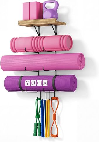 Bikoney Yoga Mat Holder Wall Mount Yoga Mat Storage Home Gym Accessories with Wood Floating Shelves and 4 Hooks for Hanging Foam Roller and Resistance Bands Fitness Home Gym in Kuwait
