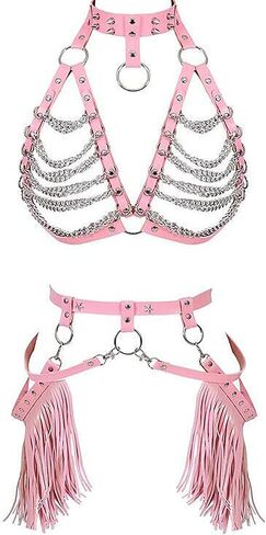 Women's Pink PU Leather Punk Harness Adjustable Body Strap Fringe Skirt for Punk Festival Clubwear Roleplay Carnival Valentine's Day in Saudi Arabia