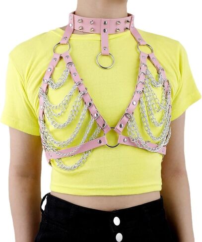 Women's Pink PU Leather Punk Harness Adjustable Body Strap Fringe Skirt for Punk Festival Clubwear Roleplay Carnival Valentine's Day in Saudi Arabia