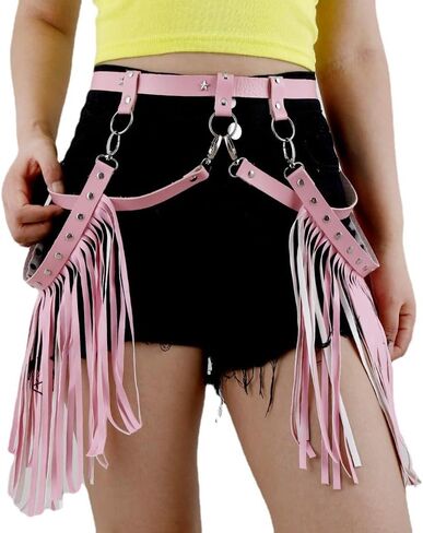 Women's Pink PU Leather Punk Harness Adjustable Body Strap Fringe Skirt for Punk Festival Clubwear Roleplay Carnival Valentine's Day in Saudi Arabia