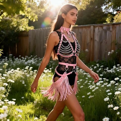 Women's Pink PU Leather Punk Harness Adjustable Body Strap Fringe Skirt for Punk Festival Clubwear Roleplay Carnival Valentine's Day in Saudi Arabia