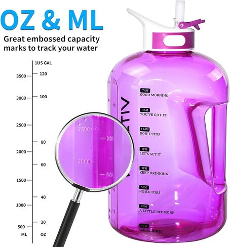 زجاجة مياه سعة 128 أونصة/1 جالون مع زجاجة مياه تحفيزية بقش مع علامة زمنية، زجاجة مياه كبيرة زجاجة مياه سعة 128 أونصة، إبريق ماء كبير لزجاجات المياه الرياضية، مقبضان خاليان من مادة BPA (أزرق) in Kuwait