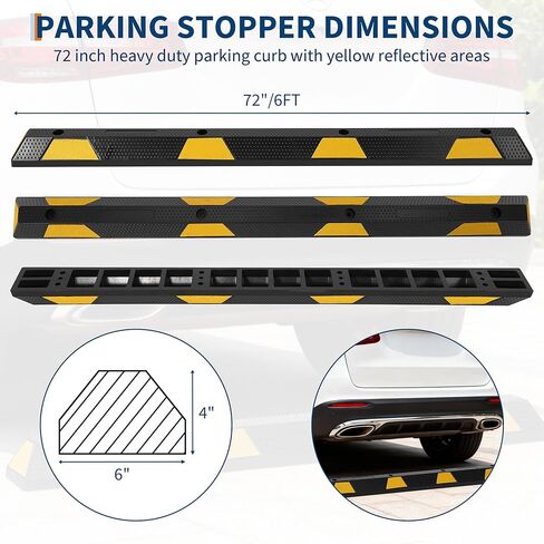 72" Heavy Duty Rubber Parking Curb, Rubber Parking Stopper for Garage – 6-Foot Long Wheel Stopper with Reflective Stripe, UV-Resistant, Durable Driveway Curb for Cars, Trucks, 2-Pack in Kuwait