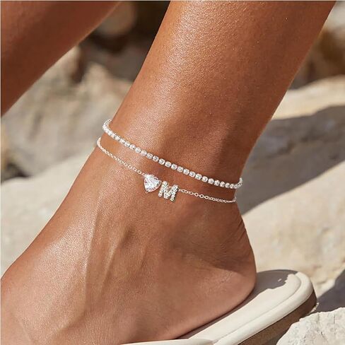 Heart Initial Silver Anklets for Women Waterproof Dainty Silver Plated ankle bracelets for women Large Ankle Women's Anklets Tennis ankle bracelets Non Tarnish Summer Beach Foot Jewelry in Kuwait
