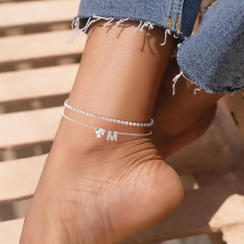 Heart Initial Silver Anklets for Women Waterproof Dainty Silver Plated ankle bracelets for women Large Ankle Women's Anklets Tennis ankle bracelets Non Tarnish Summer Beach Foot Jewelry in Kuwait