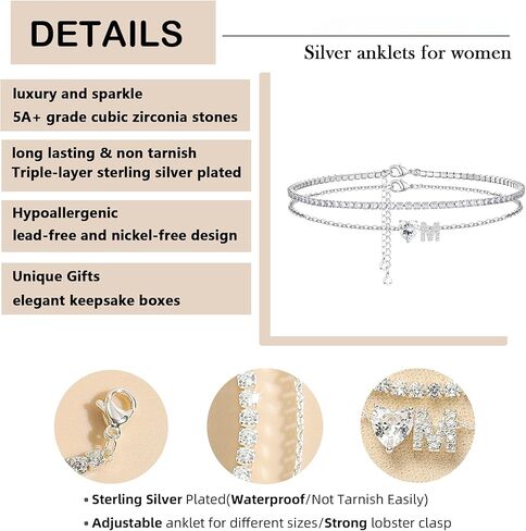 Heart Initial Silver Anklets for Women Waterproof Dainty Silver Plated ankle bracelets for women Large Ankle Women's Anklets Tennis ankle bracelets Non Tarnish Summer Beach Foot Jewelry in Kuwait