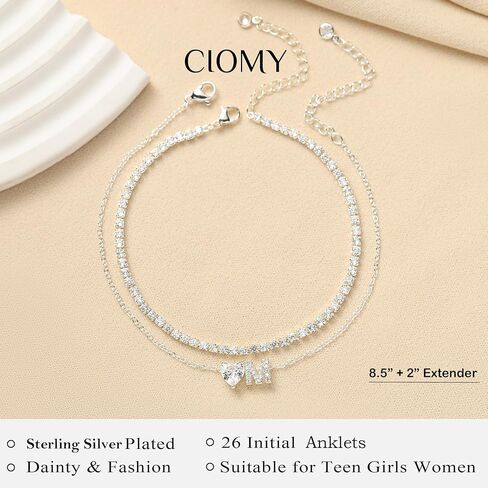 Heart Initial Silver Anklets for Women Waterproof Dainty Silver Plated ankle bracelets for women Large Ankle Women's Anklets Tennis ankle bracelets Non Tarnish Summer Beach Foot Jewelry in Kuwait