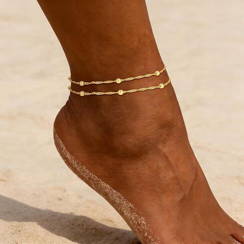 Ankle Bracelets for Women - 14K Gold Plated Waterproof Cuban Water Wave Chain Beads Rhinestone Anklets Set Layered Anklet Bracelets for Women Gold Jewelry Gift in Kuwait
