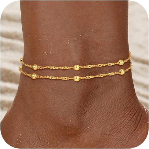 Ankle Bracelets for Women - 14K Gold Plated Waterproof Cuban Water Wave Chain Beads Rhinestone Anklets Set Layered Anklet Bracelets for Women Gold Jewelry Gift in Kuwait