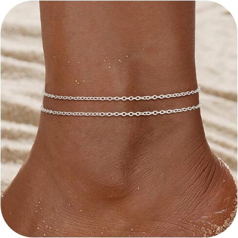 Ankle Bracelets for Women - 14K Gold Plated Waterproof Cuban Water Wave Chain Beads Rhinestone Anklets Set Layered Anklet Bracelets for Women Gold Jewelry Gift in Kuwait