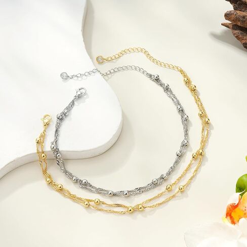 Ankle Bracelets for Women - 14K Gold Plated Waterproof Cuban Water Wave Chain Beads Rhinestone Anklets Set Layered Anklet Bracelets for Women Gold Jewelry Gift in Kuwait