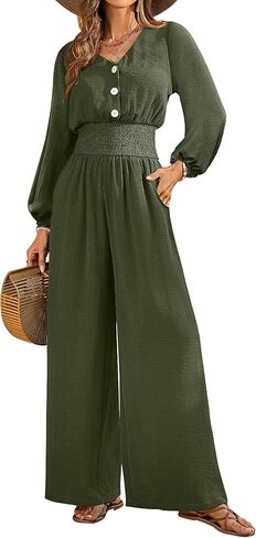Womens Jumpsuits Long Sleeve V Neck Dressy Casual 2026 High Waist Romper Wide Leg Pants One Piece Outfits in Saudi Arabia