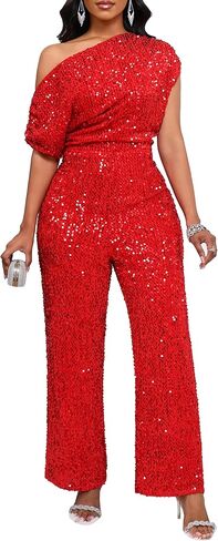 VERWIN Women's Sequin Jumpsuit Elastic Ruffle One Shoulder Wide Leg Sparkly Party Cocktail Romper in Saudi Arabia