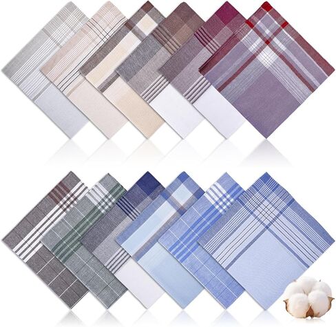 [12 قطعة] مناديل للرجال، مقاس 40.64 × 40.64 سم، منديل كلاسيكي مصنوع من القطن الناعم بنسبة 100%، مربعات جيب للرجال مع شيك in Kuwait