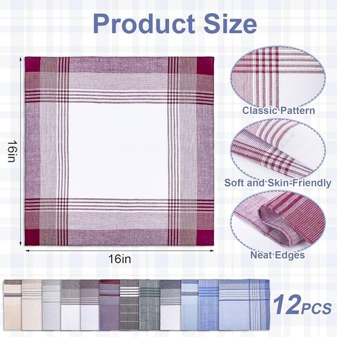 [12 قطعة] مناديل للرجال، مقاس 40.64 × 40.64 سم، منديل كلاسيكي مصنوع من القطن الناعم بنسبة 100%، مربعات جيب للرجال مع شيك in Kuwait