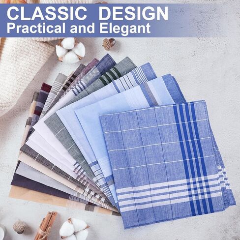 [12 قطعة] مناديل للرجال، مقاس 40.64 × 40.64 سم، منديل كلاسيكي مصنوع من القطن الناعم بنسبة 100%، مربعات جيب للرجال مع شيك in Kuwait