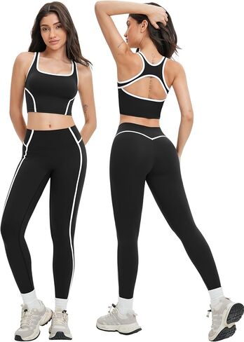 Two Piece Womens Workout Set Backless Color Block Tank Tops Matching High Waist Leggings Gym Work Out Outfits in Saudi Arabia