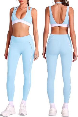 ABOCIW Workout Sets for Women Layered V Neck Halter Sports Bra High Waist Leggings with Pockets Yoga Pilates Outfits in Saudi Arabia