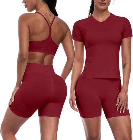 Women 3 Piece Workout Sets Seamless Running Tops Athletic Gym Yoga Short Y Back Sports Bras Outfits in Saudi Arabia