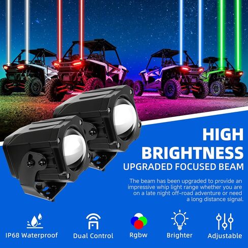 مصابيح سوط LED من DREAMIZER قطعتان، ضوء سوط لعدسة PC Spot Beam Pod RGBW UTV جنبًا إلى جنب مع مفتاح وجهاز تحكم عن بعد، سوط خفيف متوافق مع Polaris RZR Can-Am Maverick X3 Golf Cart Jeep in Kuwait