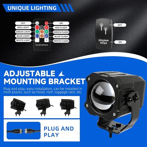 مصابيح سوط LED من DREAMIZER قطعتان، ضوء سوط لعدسة PC Spot Beam Pod RGBW UTV جنبًا إلى جنب مع مفتاح وجهاز تحكم عن بعد، سوط خفيف متوافق مع Polaris RZR Can-Am Maverick X3 Golf Cart Jeep in Kuwait