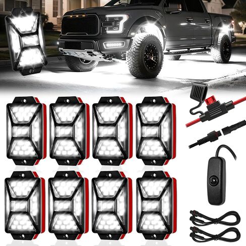 12 كبسولة 324 LED مجموعة أضواء الصخور البيضاء النقية مع تسخير الأسلاك التبديل، 6500K 5050 SMD LED أضواء تحت التوهج، IP67 مقاوم للماء التوصيل والتشغيل أضواء الصخور للشاحنات بيك اب الطرق الوعرة ATV UTV SUV in Kuwait
