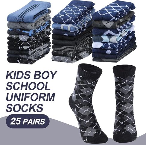 25 Pairs Kids Boy Dress Socks Bulk Soft Cotton Seamless School Kids Crew Dress Socks For Youth Teen Big Boy School Uniform Performance 8-12 Years in Saudi Arabia