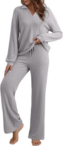 تقييم المرأة pajama مجموعة طويلة الأكمام نوم مطابقة الرباط مرنة pj pant in Kuwait