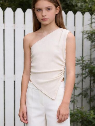 Girls' One Shoulder Ruched Tank Top, Sleeveless Trendy Kids Casual Blouse (8Y-12Y), Irregular Hem Waist Cinching Vest in Saudi Arabia