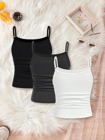 قمصان علوية للفتيات مكونة من 3 قطع بدون أكمام قميص داخلي غير رسمي بحزام سباغيتي بقصة ضيقة للأطفال من عمر 8 إلى 12 سنة in Kuwait