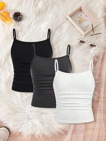 قمصان علوية للفتيات مكونة من 3 قطع بدون أكمام قميص داخلي غير رسمي بحزام سباغيتي بقصة ضيقة للأطفال من عمر 8 إلى 12 سنة in Kuwait