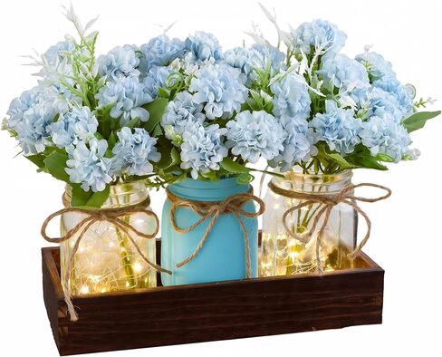 LUEUR Mason Jar Lights ديكور طاولة مركزية لغرفة الطعام - صينية خشبية للمزرعة مع 3 برطمانات، عباد الشمس الاصطناعية الصفراء، ديكور منزلي لطاولة القهوة، المطبخ، غرفة المعيشة in Kuwait