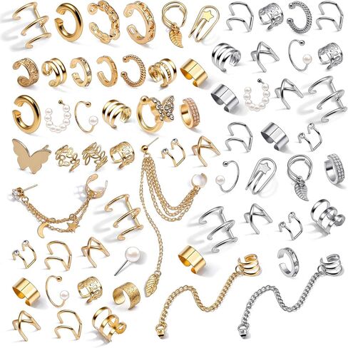 66 PCS Gold/Silver Ear Cuff Earrings Set for Women Non Piercing Fake Earring Cuffs Adjustable Helix Cartilage Clip Earrings Pearl Butterfly Ear on Wrap Earrings in Saudi Arabia