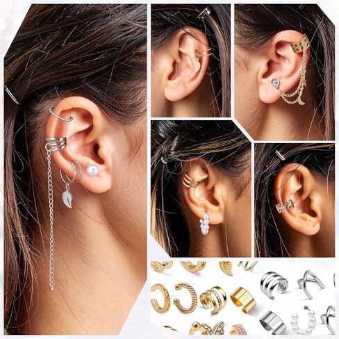 66 PCS Gold/Silver Ear Cuff Earrings Set for Women Non Piercing Fake Earring Cuffs Adjustable Helix Cartilage Clip Earrings Pearl Butterfly Ear on Wrap Earrings in Saudi Arabia