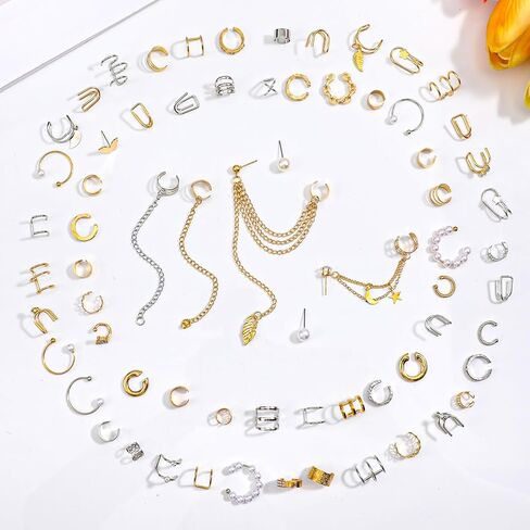 66 PCS Gold/Silver Ear Cuff Earrings Set for Women Non Piercing Fake Earring Cuffs Adjustable Helix Cartilage Clip Earrings Pearl Butterfly Ear on Wrap Earrings in Saudi Arabia