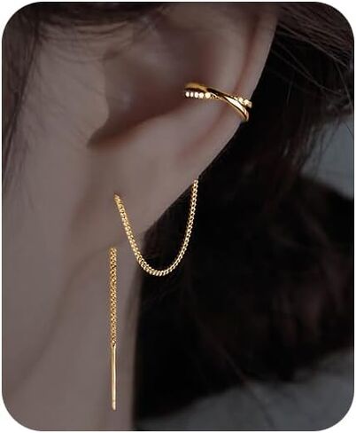 سلسلة طويلة الكفة أقراط الذهب والفضة التفاف شرابة الأقراط الحد الأدنى تشيكوسلوفاكيا جولة مسمار مع سلسلة الكفة ثقب مزدوج بيان المجوهرات الأقراط وهمية للنساء in Kuwait